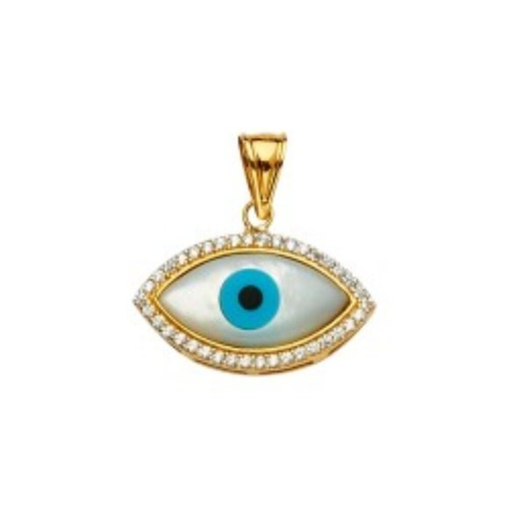 Solid 14K Gold MOP CZ Evil Eye Pendant